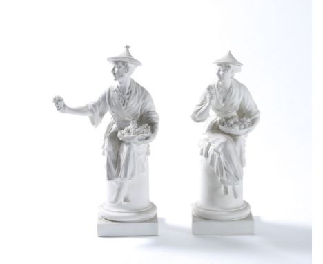 A pair of Royal Worcester biscuit porcelain Chinese figures modelled by A. Azori, 'La Fleur' and 'Le Panier', second half 20t