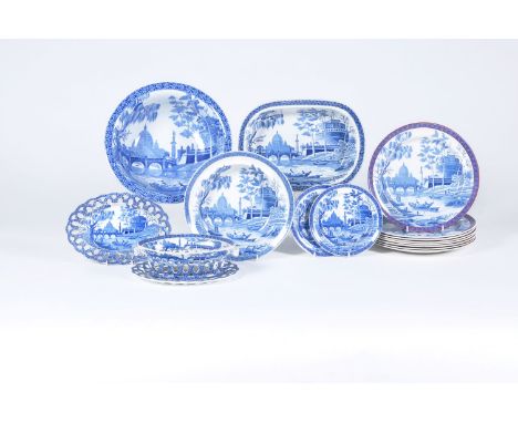 A mixed selection of Spode blue and white printed 'Tiber' pattern pearlware, first quarter 19th century, including eight plat