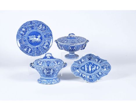Four items of Spode blue and white printed pearlware decorated with the 'Greek' pattern, circa 1820, comprising: a lozenge-sh