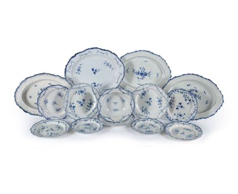 A selection of Staffordshire blue and white pearlware dinner wares with feuilles de choux rims, circa 1790, including oval se