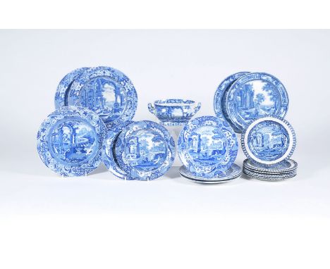 A miscellaneous selection of Spode and other manufacturers blue and white printed pearlware with classical subjects, first qu