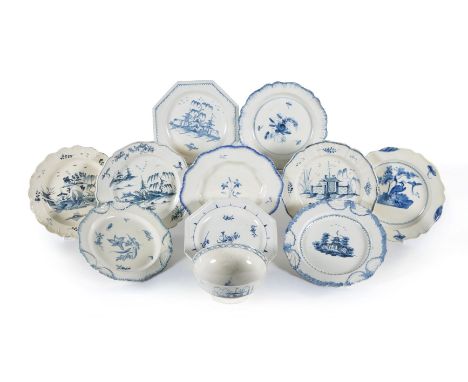 A selection of English blue and white chinoiserie creamware, mostly last quarter 18th century, comprising: a slop bowl decora