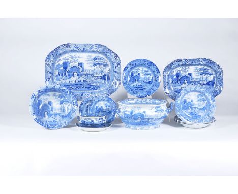 An assortment of mostly Spode blue and white printed 'Castle' pattern pearlware, circa 1810, the remnants of a dinner service
