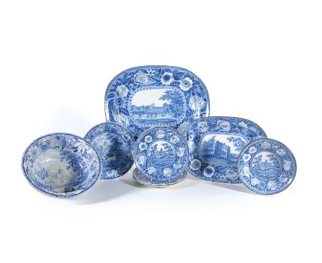 A selection of Staffordshire blue and white printed pottery including assorted  views of St. Albans Abbey, various dates firs