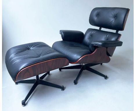 AFTER CHARLES AND RAY EAMES LOUNGER AND STOOL, 882cm W, black leather button. (2) 