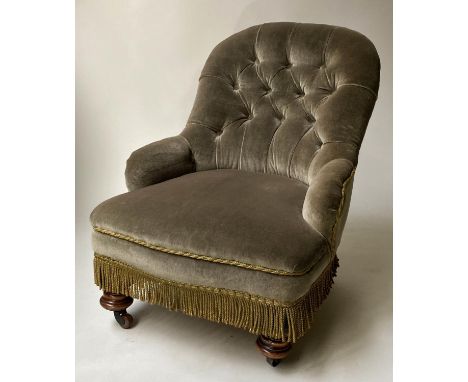 ARMCHAIR, Victorian walnut of small proportions and button velvet upholstery, 53cm W. 