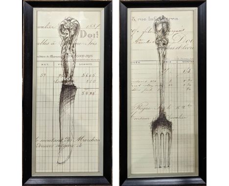PRINTS, a pair, 45cm x 109cm H of a knife and fork French script. (2) 