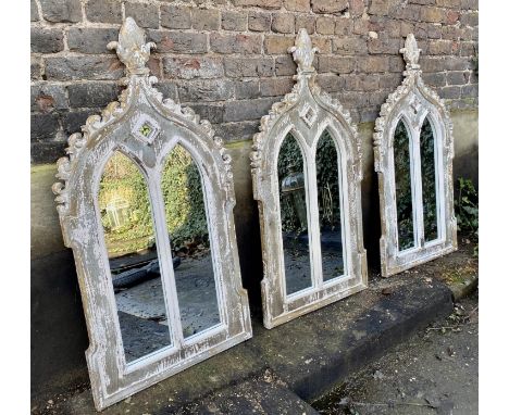 ARCHITECTURAL WALL MIRRORS, a set of three, Gothic style, aged painted finish, 116cm x 60cm. 