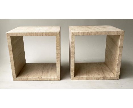 CUBE LAMP TABLES, a pair, travertine marble of cube, form (2), 38cm L x 38cm D x 40cm H. 