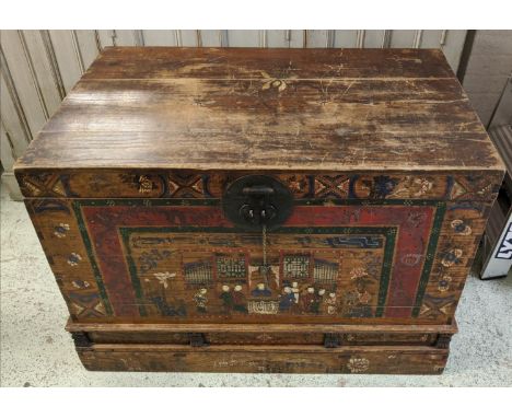 CHINESE TRUNK, 112cm W x 68cm D x 76cm H 19th century elm with a rising lid and painted decoration. 