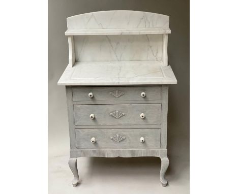 GUSTAVIAN COMMODE, 71cm W x 47cm D x 112cm H, late 19th century Swedish, traditionally grey painted, with shelved marble top 