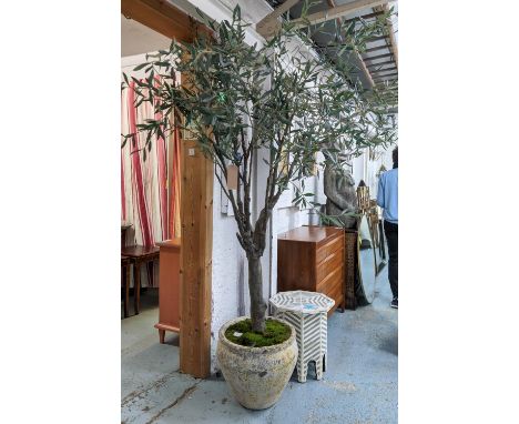 FAUX OLIVE TREE, and faux olive display in ceramic oil jar, 250cm H. (2) 