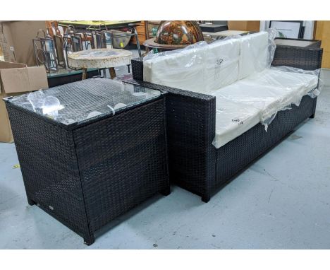 OUTSUNNY GARDEN SOFA AND TABLE, faux rattan, sofa, 185cm W, with loose white cushions, table, 64cm x 64cm x 69cm, with a glas