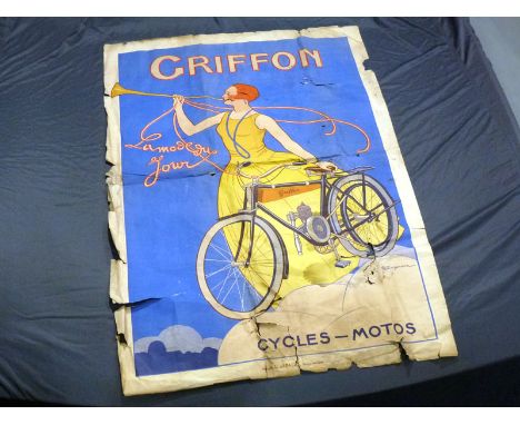 A rare and highly attractive original advertising poster for Griffon Motorcycles and Cycles, features the image of an elegant