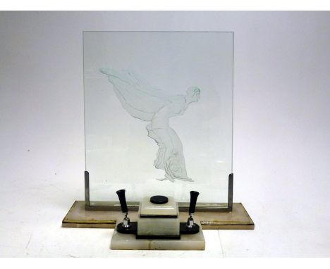 Features an etched Spirit of Ecstasy mascot to the glass panel, plus twin pen holder and an ink bottles to the marble base.