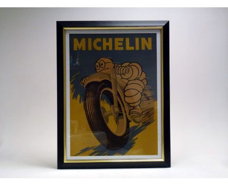 A very scarce original Michelin Tyres lithograph advertising poster, featuring the amusing image of Mr Bibendum riding a Moto