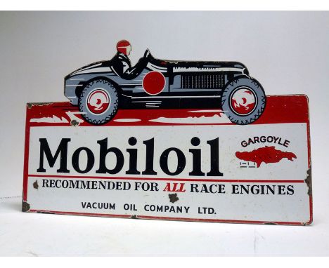 A Large, double-sided enamel advertising sign for Mobiloil 'Gargoyle' products. The sign features a cut-out depiction of an E