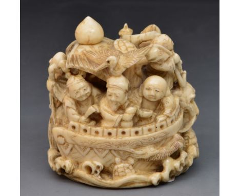 A Japanese ivory netsuke of The Seven Gods of Felicity late 19th Century signed Kogyoku, grouped aboard the Takarabune 'Treas