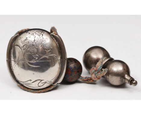 A Japanese silver single case inro 19th Century signed Nagatsune, Kao Ichinomiya School, decorated in Kakakiri with Hotei lay
