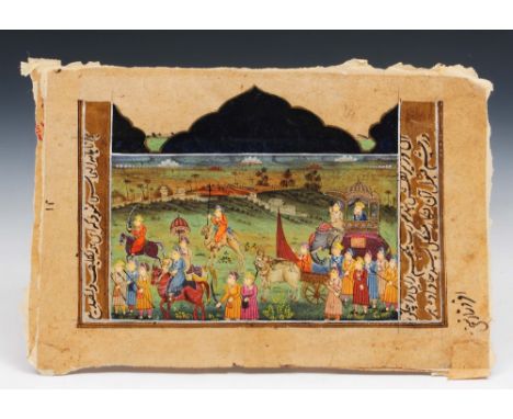 Two Mughal folio pages 17th/18th Century with scenes of procession of elephant with howdah and attendant figures and companio