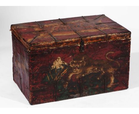 A Tibetan leather covered trunk late 19th Century with iron mounts and painted with tiger skin, 74cm across