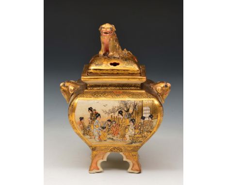 A Japanese Satsuma koro Meiji period  signed, of square form, gilt and enamelled with Bijin, with applied dogs of fo, mask an