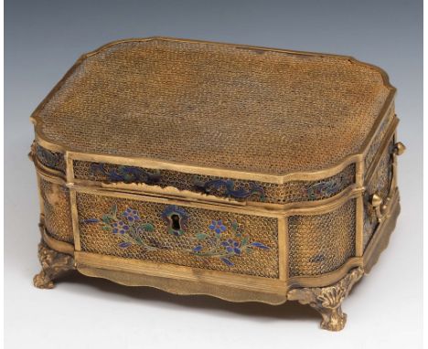 An Chinese silver gilt and enamel casket 18th/19th Century having a wirework top and sides with raised enamel flowers, with s