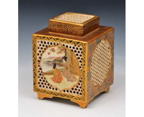 A Japanese Satsuma koro Meiji period signed Seizan, of square form with enamel and gilt decoration of two landscape panels, 9