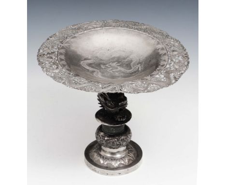 A Chinese silver tazza circa 1900 with engraved dragon border, 14.5cm high