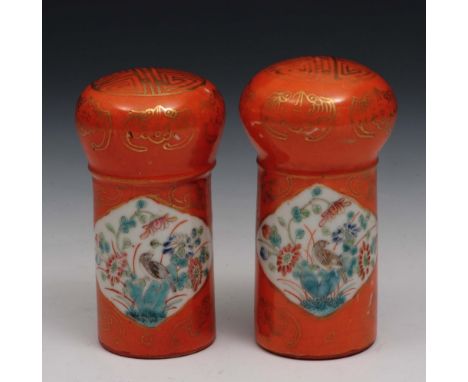 A pair of Chinese coral porcelain scroll ends 19th Century painted with reserve panels of birds and flowers, 9cm