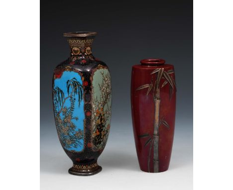 A Japanese cloisonne square baluster vase Meiji period with panels of blossom on a black ground, signed, 15cm and a Japanese 
