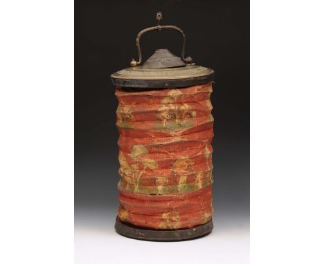 A Turkish brass and cloth lantern 19th Century the hinged handle supporting a pierced brass top and base with painted cloth b