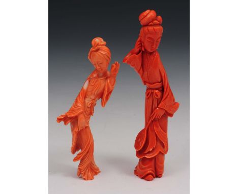 Two Chinese carved coral models of Guanyin late 19th Century/20thCentury each figure carved in a curved form with one having 