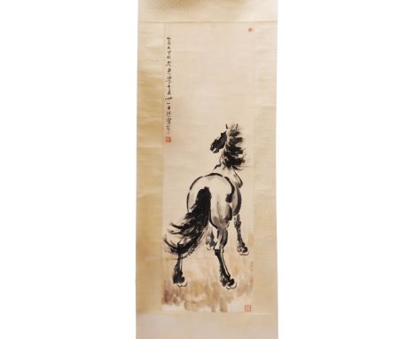 Xu Ba Hong 20th Century A Chinese scroll depicting a horse, inscribed and signed with red seal, with stag horn mounts