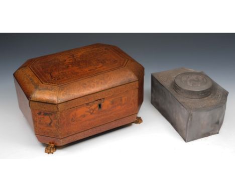 A Chinese export lacquer tea caddy the interior with Paktong caddies, the cover with Chinese temples, bridge and river scenes