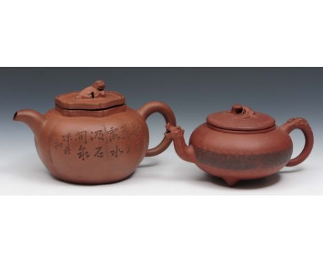 A Chinese Yixing teapot  19th Century with dragon spout, chiling mount to the handle, the body with incise decoration having 