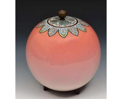 A Japanese cloisonne circular vase and cover Meiji period on pink ground with lappets and chrysanthemum finial, 24cm high