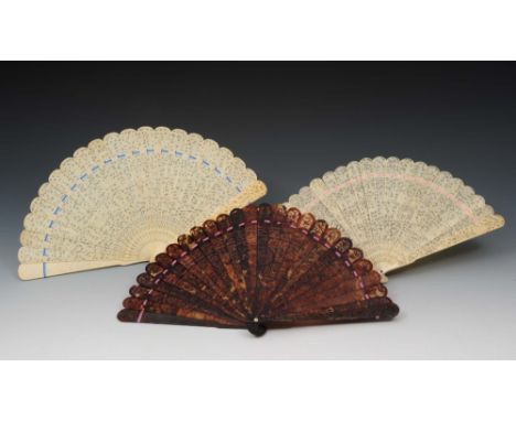 Two Chinese Canton carved ivory fans and a Chinese tortoiseshell fan 19th Century the ivory ends carved with figures and foli