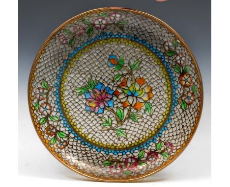 A Japanese glass and enamel dish 19th/20th Century with floral sprays, 15.5cm diameter