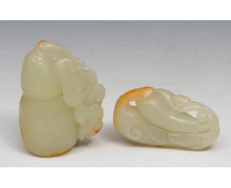 A Chinese jade pendant 18th/19th Century  in the form of a gourd and carp, 4.75cm high and one other jade pendant in the form