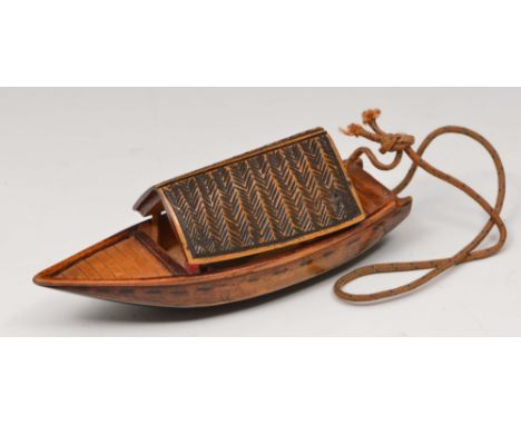 A Tokyo School wood netsuke of a house boat mid 19th Century 7cm long