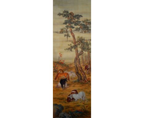 A Chinese scroll 18th/19th Century horses in a landscape beneath pine trees with seal mark signed, the scroll marked Roswell 