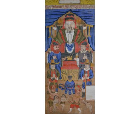 A pair of Chinese scrolls 19th Century painted with a court scene and attendants and one other large Chinese scroll, warriors