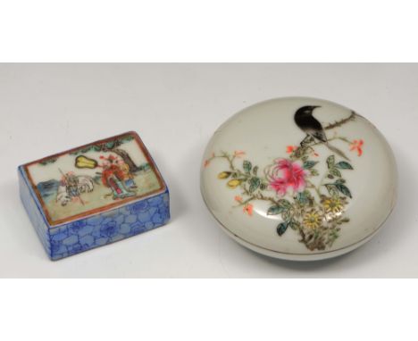 A Chinese scroll weight late 19th Century of rectangular form, figures in a garden painted in enamels, 5.5cm and a Chinese wh