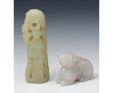 A Chinese white jade kylin 19th/20th Century and one other carved jade scholar beneath a pine tree (2)
