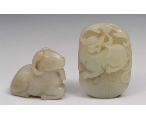 A Chinese jade pendant in the form of a Kirin 18th century and a carved jade model of a ram (2)