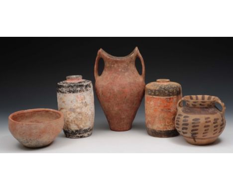 Two Chinese Han dynasty jars; a Neolithic bowl and pot and a Han dynasty amphora 26cm.
