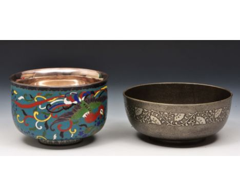A Japanese shippo style cloisonne bowl and a Japanese pewter bowl Meiji period the cloisonne bowl decorated with phoenix on b