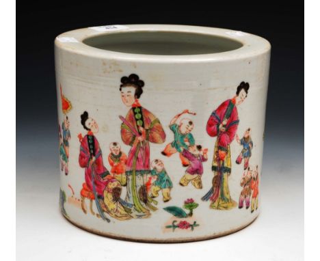 A Chinese famille verte brush pot 19th/20th Century the exterior decorated with children playing in a garden with palm trees 