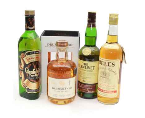 Mixed whiskey; Glenlivet 15 year old single malt Scotch whisky, Glenfiddich Scotch Whisky, Bells extra special Scotch whisky 